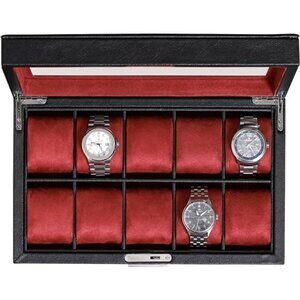 10 Slot Leather Watch Box - Luxury Case Display Jewelry Organizer - Display Case